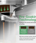 Semi Automatic Espresso Machine With Colorful Touchscreen And Sleek Stainless Steel Body Pre-soaking technology for improved coffee flavor.