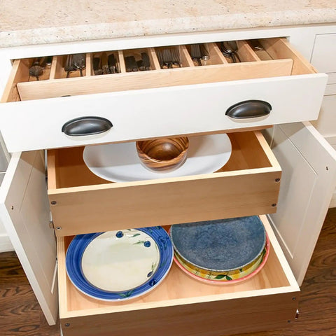 Premium Two Tier Pull Out Cabinet Organizer Featuring Ball Bearings And Smooth Glide Slide Out Drawer For No Sweat Assembly Tons Of Room Under Counter Kitchen Pantry Storage Solution Fits 17 Wide with cutlery and plates.