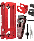 Shop Tough All In One Door Hinge Jig And Router Template Kit featuring red aluminum jig and various drill bits for easy installation.