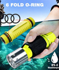 Person holding Two Pack Scuba Diving Flashlights 1200 Lumen T6 LED Dive Light With IPX8 Waterproof Underwater Torch, showing O-ring and strap.