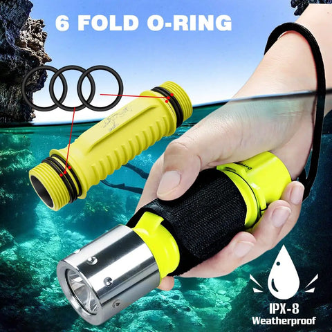 Person holding Two Pack Scuba Diving Flashlights 1200 Lumen T6 LED Dive Light With IPX8 Waterproof Underwater Torch, showing O-ring and strap.