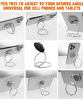 Slick Grip Zinc Alloy Cell Phone Ring Holder With Smooth 360 Rotation Double Fold Finger Kickstand And Rock Solid Desktop Stand Universal Compatibility Silver Edition Drop Guard shown in various angles supporting phones and tablets.