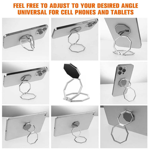Slick Grip Zinc Alloy Cell Phone Ring Holder With Smooth 360 Rotation Double Fold Finger Kickstand And Rock Solid Desktop Stand Universal Compatibility Silver Edition Drop Guard shown in various angles supporting phones and tablets.