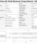 Specifications sheet of 3/8 Inch Drive 90 Tooth Flex Head Dual Direction Electronic Torque Wrench 10 To 100 Ft Lb With Case
