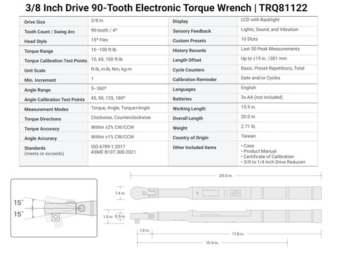 Specifications sheet of 3/8 Inch Drive 90 Tooth Flex Head Dual Direction Electronic Torque Wrench 10 To 100 Ft Lb With Case