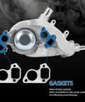 Heavy Duty Engine Water Pump With Thermostat And Gasket Kit Direct Bolt Drop In Replacement showing aluminum water pump and gaskets.
