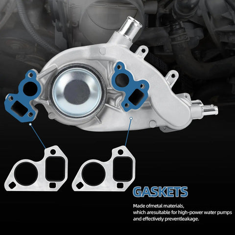 Heavy Duty Engine Water Pump With Thermostat And Gasket Kit Direct Bolt Drop In Replacement showing aluminum water pump and gaskets.