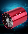 Air Intake Turbonator With Dual Fans For Turbocharged Engines Gas Saver Upgrade To Boost Throttle Response And Power Delivery Street Proven Performance Parts For Supercharger Style Engine Enhancement, red aluminum turbo unit with dual fan visible against car background.
