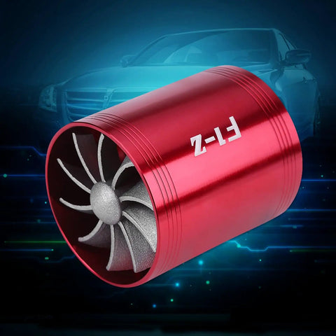 Air Intake Turbonator With Dual Fans For Turbocharged Engines Gas Saver Upgrade To Boost Throttle Response And Power Delivery Street Proven Performance Parts For Supercharger Style Engine Enhancement, red aluminum turbo unit with dual fan visible against car background.