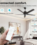 52 Inch Black Modern Ceiling Fan No Light With Five Blades Dual Finish Six Speed Quiet DC Motor Reversible shown in bedroom