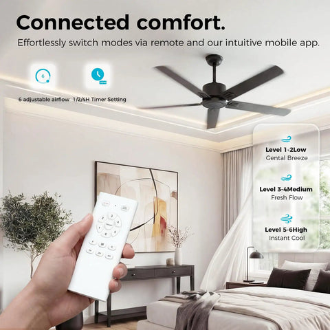 52 Inch Black Modern Ceiling Fan No Light With Five Blades Dual Finish Six Speed Quiet DC Motor Reversible shown in bedroom