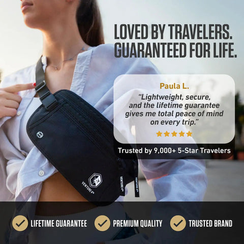 Person wearing Hidden Money Belt For Travel With RFID Blocking Passport Holder And Slim Body Wallet Under Clothes For Men And Women