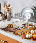 Fall Thanksgiving Sunflower Cow Themed Dish Drying Mat on kitchen counter with pumpkins, turkey, and plates