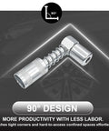 90 Degree Grease Coupler Adapter For Tight Spaces With Universal Thread Fitting in carbon steel, showing 90° design on dark backdrop.