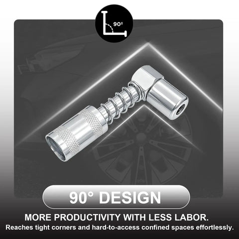 90 Degree Grease Coupler Adapter For Tight Spaces With Universal Thread Fitting in carbon steel, showing 90° design on dark backdrop.