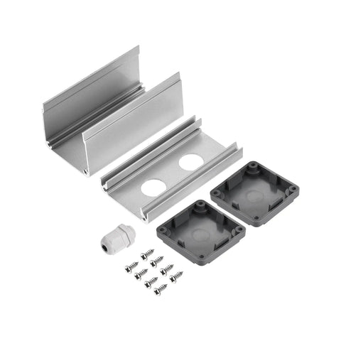 Components of Dual Hole 16mm Aluminum Push Button Station Box With PG7 Cable Gland for DIY electrical projects including screws and casing parts.