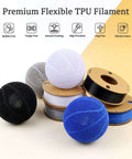 Black TPU Filament 1.75mm 250g For 3D Printers, spools in black, white, and blue, with sample prints of flexible mesh spheres.