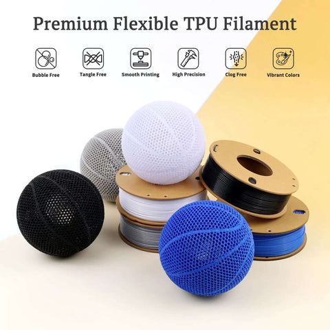 Black TPU Filament 1.75mm 250g For 3D Printers, spools in black, white, and blue, with sample prints of flexible mesh spheres.