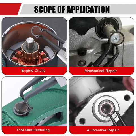 4 Pack 7 Inch Snap Ring Pliers Set With Storage Pouch in use for engine circlip, mechanical repair, tool manufacturing, automotive repair