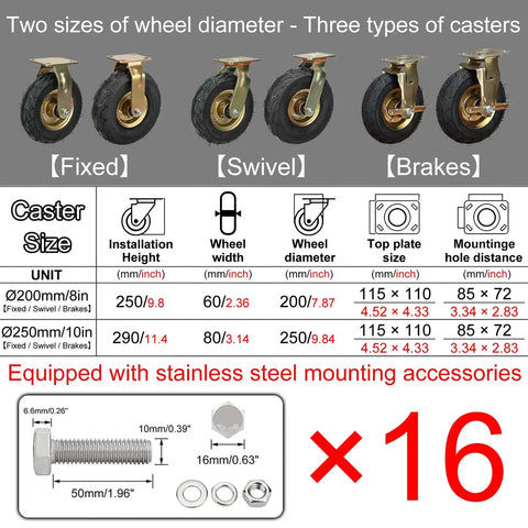 Heavy Duty Pneumatic Rubber Caster Wheels Double Ball Bearing Silent Swivel Industrial Casters showing fixed, swivel, and brake options with sizes.