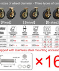 Heavy Duty Swivel Casters Set Of 4 For Outdoor Carts And Workbenches featuring 200mm and 250mm sizes with detailed specifications.