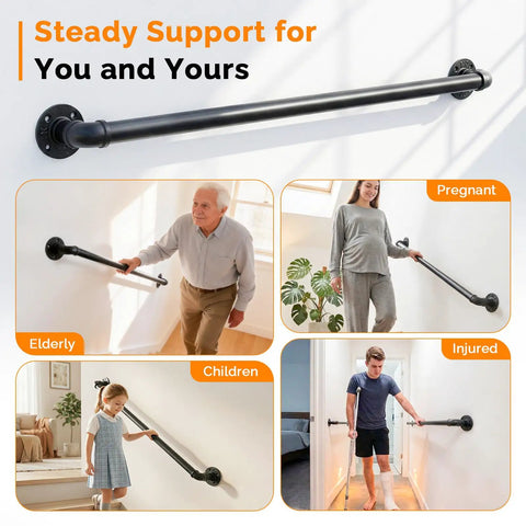 Rock Solid 3 Foot Adjustable Pipe Handrail For Indoor Outdoor Stairs Heavy Duty Wall Mounted Metal Safety Grab Bar Supporting 440 Lbs With No Sweat Setup For Bathrooms And Porches aiding elderly, children, pregnant, and injured individuals.
