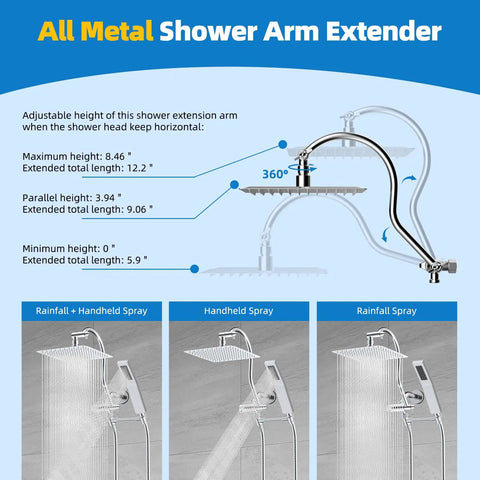Diagram of All Metal 12 Inch Brass Shower Arm Extension With 3 Way Diverter Valve G One Half Chrome Universal Shower System Replacement Part Durable Leak Proof Anti Corrosion Extender, showing adjustable heights and spray types.
