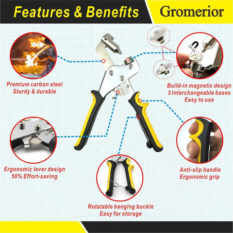 Gromerior handheld press with ergonomic design features for Premium Snap Fastener Kit With Case 100 Sets Of 15mm Stainless Steel Snaps Heavy Duty Snap Button Kit For Fabric And DIY Sewing Leather Boat Covers Canvas Tarps And Repairs Includes Handheld Press And 3 Interchangeable Bases