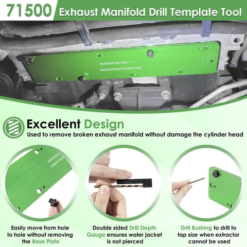 Effortlessly Rip Striped Or Snapped Exhaust Bolts In Record Time With This Heavy Duty Template Kit Purpose Built For Dodge 5.7L Hemi Engines Delivers Smooth Extraction With Zero Drama For Heads - green drill template for exhaust manifold removal.