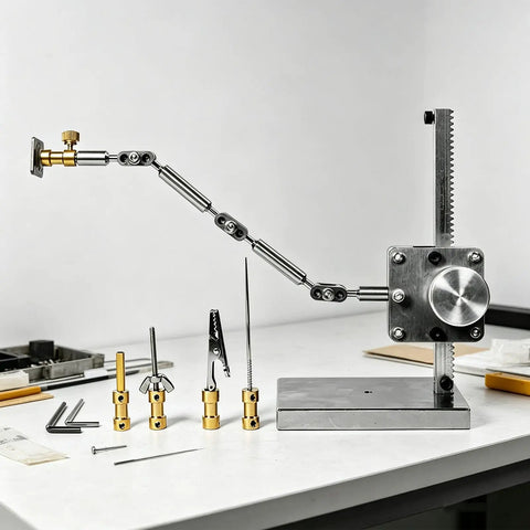 Stop Motion Armature Stand With Flexible Multi Joint Arm Height Adjustable Metal Bracket For Smooth Shots And Precise Angles Vertical Rack Design To Dial In Any Studio Setup Easily, metal arm extended on table