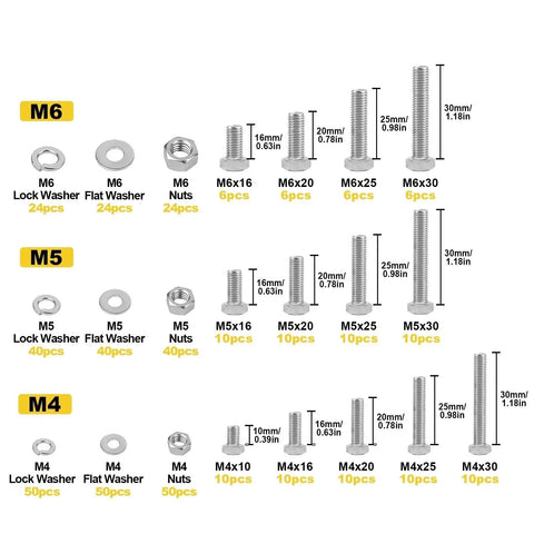456 Piece 304 Stainless Steel Hex Bolts Nuts And Washers Set M4 M5 M6 Assortment Kit For Home DIY Auto Repair And Metalwork Heavy Duty Durable Fasteners For Strong Long Lasting Threaded Connections Pro Grade Quality, M4 M5 M6 sizes shown