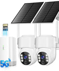Wireless Outdoor Security Camera Kit With 5G And 2.4G WiFi No Monthly Fees 2 Camera 4MP Solar Powered Home Surveillance System With 360 Degree PTZ 128GB Local Storage Color Night Vision Easy Local Recording, showcasing two cameras, solar panels, and included 128GB card.