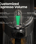 Close-up view of 20 Bar Espresso Machine With Steam Wand, Compact Stainless Steel Coffee Maker For Lattes And Cappuccinos, showing control panel with customized espresso volume settings.
