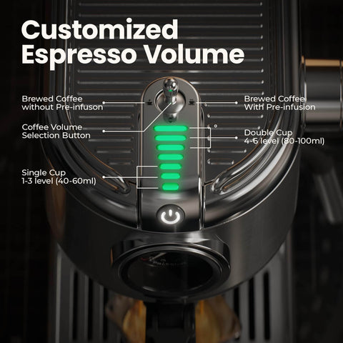 Close-up view of 20 Bar Espresso Machine With Steam Wand, Compact Stainless Steel Coffee Maker For Lattes And Cappuccinos, showing control panel with customized espresso volume settings.