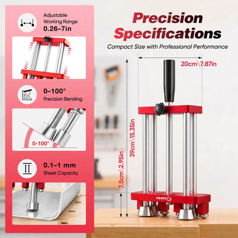 Two Station Sheet Metal Bender Roller Tool For 0 To 100 Degree Bends, 7 Inch Rolling Axis, Portable Roofing Metal Fabrication Tool With Adjustable Depth Gauge, Red Finish For Clean Profiles And Easy Eave Work dimensions and features.