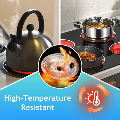 Electric Stove Drip Pan Covers Replacement For W10278125 4 Pack showing high-temperature resistance with boiling kettle and pot