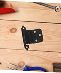 Auto Close Spring Loaded Cabinet Door Hinge 3/8 Inch Self-Closing Soft Close Hardware For Kitchen And Bathroom Black Finish 1.4mm Thick No-Fuss Easy Install Cabinet Hinges displayed on wooden surface with tools