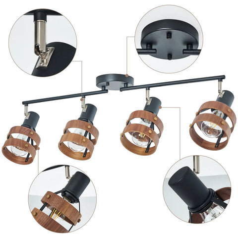 Four Head Black Track Lighting With E26 Sockets Adjustable Spotlight Heads And Wood Accent Dope Farmhouse Vibe Modern Ceiling Light For Living Room And Kitchen Flexible Directional Arms