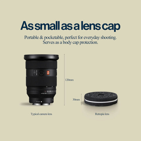 Repurposed Disposable Camera Inspired Mirrorless Pancake Lens For Sony E Mount 32mm Focal Length With Fixed F11 Aperture shown smaller than typical lens.