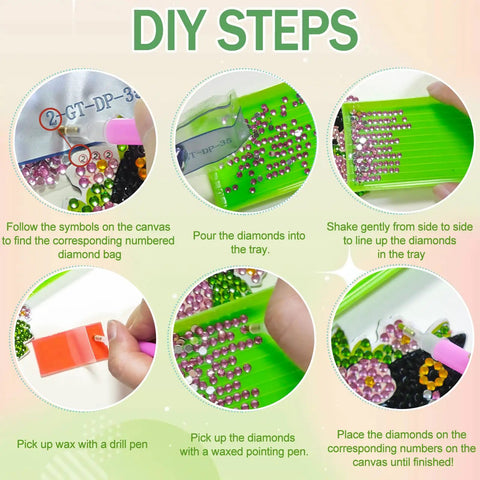 DIY steps for Black Cat Diamond Art Magnets Kit 16Pcs 5D DIY Diamond Painting Magnets with tools and rhinestones.