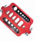 Slick Aluminum Soldering Station And Welding Jig Plate For Rc Builders No Sweat Assembly With Xt60 Xt90 T Plug Banana Connectors Heat Proof Workbench Setup, red aluminum design with multiple holes for connectors.