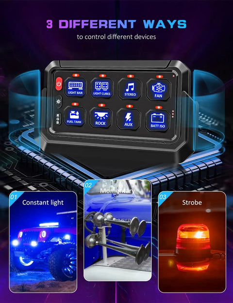 Wireless Switch Panel 12V 8 Gang With Remote Control display panel showing modes for off-road lights and gear.