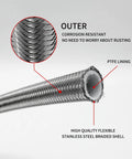 Close-up of stainless braided hose feature for Firewall Mounted Transmission Dipstick For TH350 And TH400 with corrosion notes.