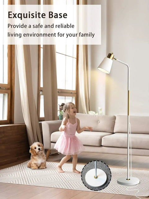 Industrial Floor Lamp With Rustic Farmhouse Vibe, Adjustable Metal Heads, 3 Level Dimming in Living Room Setting, White Finish
