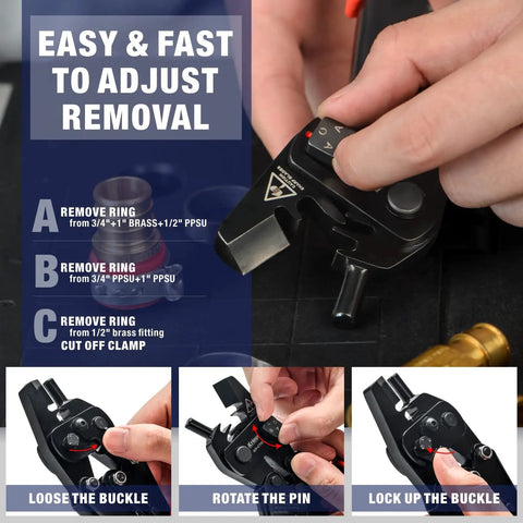 Close-up of Go To PEX Decrimp Removal Tool For F2098 Stainless Steel Clamps And F1807 Copper Rings with adjustment instructions