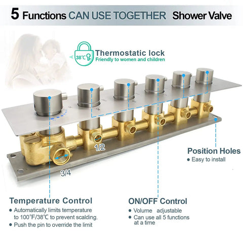 Five-Function Thermostatic Shower Valve Kit With Concealed Diverter And Six Round Knobs In Brushed Nickel, brass 3/4 and 1/2 inlets