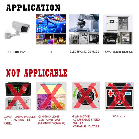 Application and non-application visual for Beefy 12V 10A 120W DC Switching Power Supply Adapter 110V AC To DC Converter.