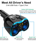 Ultimate 5 In 1 Cigarette Lighter Splitter With Usb C And Dual Usb Ports Quick Charge Car Adapter For 12V 24V Rides showing USB and Type-C ports with voltmeter.