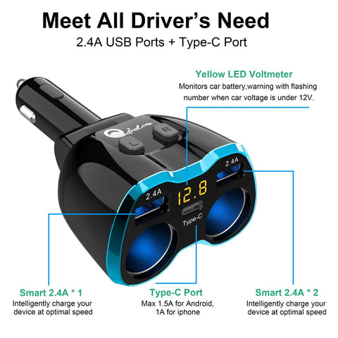 Ultimate 5 In 1 Cigarette Lighter Splitter With Usb C And Dual Usb Ports Quick Charge Car Adapter For 12V 24V Rides showing USB and Type-C ports with voltmeter.