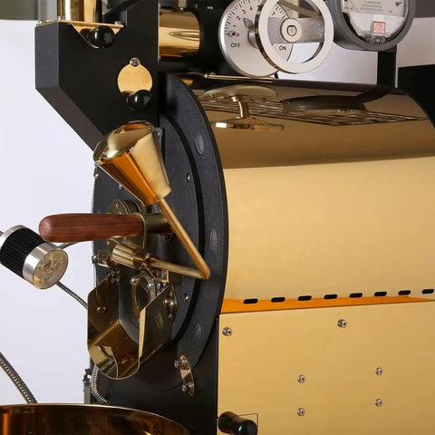 Close-up of a Commercial Drum Coffee Roaster Machine with Digital Temperature Control and Rapid Cooling System for cafe use.